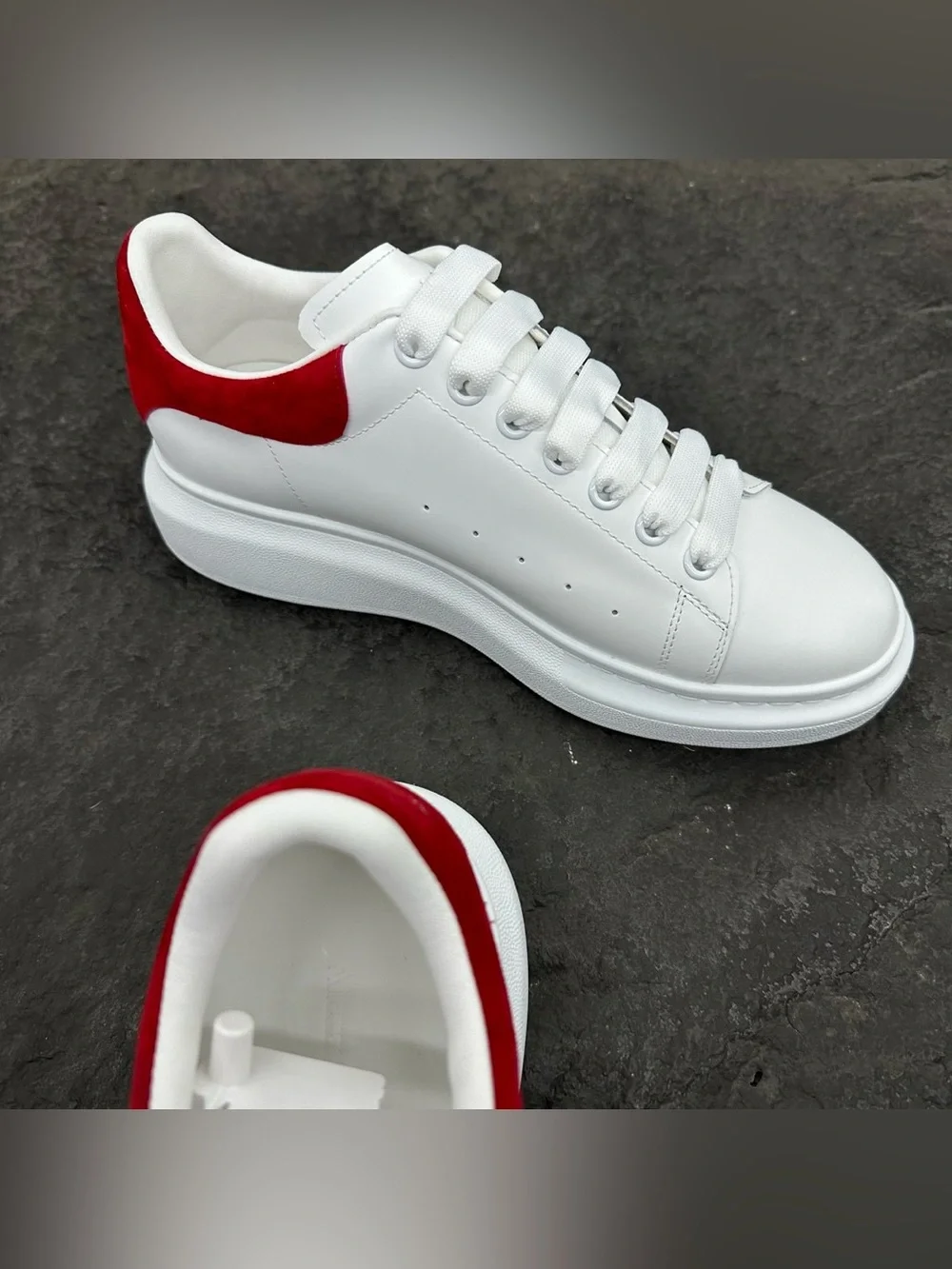 Alexander McQueen White Leather Platform Sneakers with Red Heel Tab